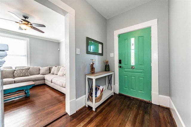 entrance foyer with dark wood finished floors, baseboards, and ceiling fan