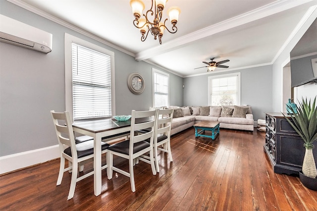 dining room with dark wood-style floors, baseboards, an AC wall unit, crown molding, and ceiling fan with notable chandelier