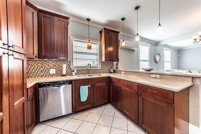 kitchen featuring a peninsula, ornamental molding, decorative backsplash, a sink, and dishwasher