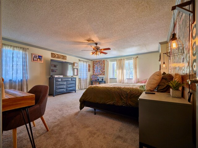 bedroom with visible vents, light carpet, a ceiling fan, a textured ceiling, and crown molding