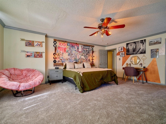 bedroom featuring ceiling fan, crown molding, carpet flooring, and a textured ceiling