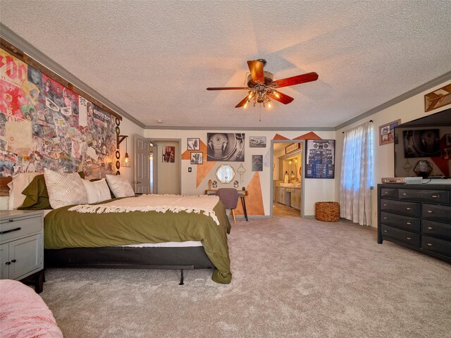 bedroom with light colored carpet, ornamental molding, a ceiling fan, and a textured ceiling