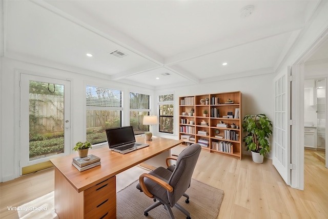 office area with light wood finished floors, visible vents, beamed ceiling, and recessed lighting