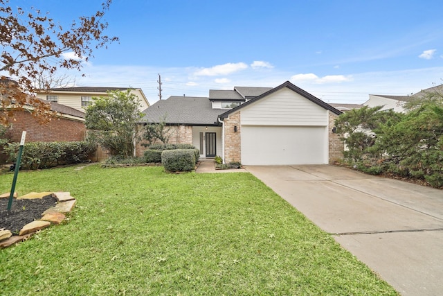 view of front facade with a front yard, driveway, a shingled roof, a garage, and brick siding