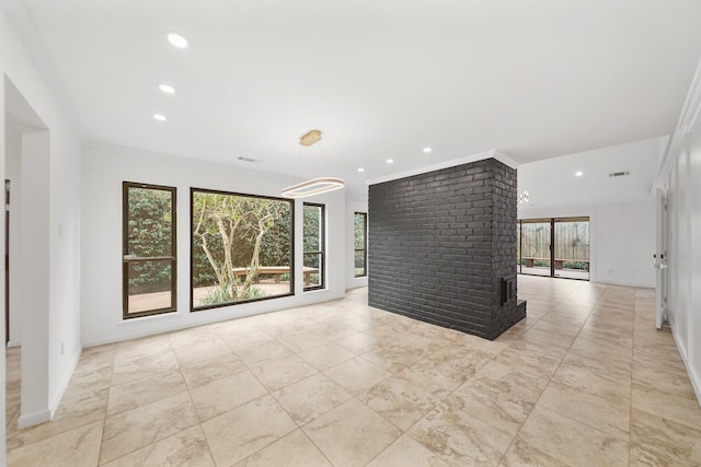 unfurnished room with baseboards, recessed lighting, visible vents, and ornamental molding