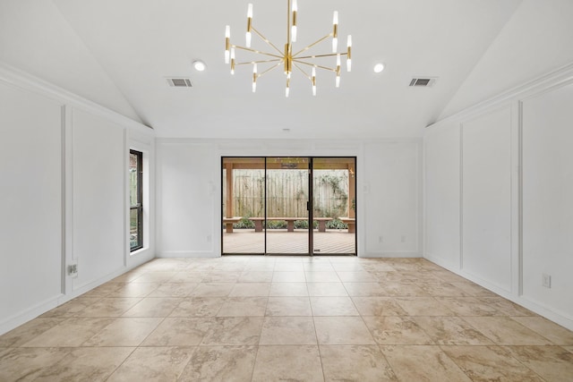 unfurnished room featuring a decorative wall, visible vents, and high vaulted ceiling