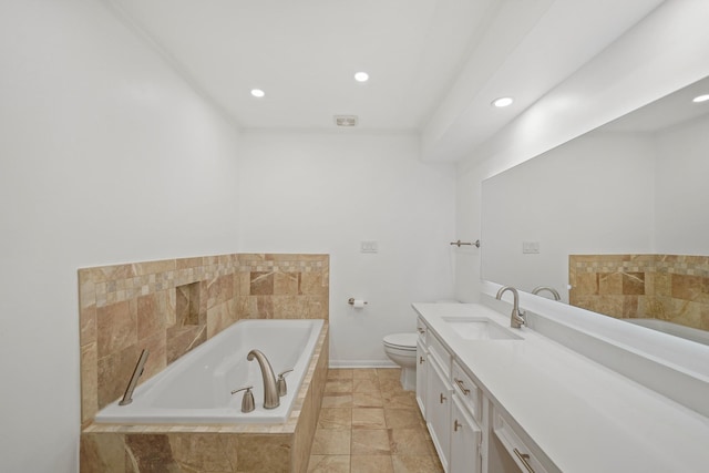 full bathroom featuring baseboards, toilet, recessed lighting, a bath, and vanity