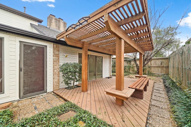 wooden terrace featuring a fenced backyard and a pergola