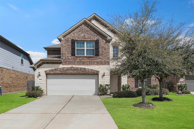 view of front of house with driveway, an attached garage, a front lawn, stone siding, and brick siding