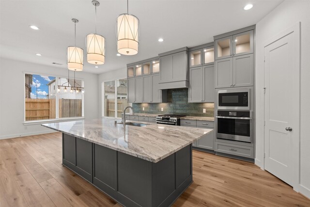16174 Rustling Woods Rd, Conroe, TX 77302 - kitchen featuring appliances with stainless steel finishes, a sink, gray cabinets, recessed lighting, and backsplash