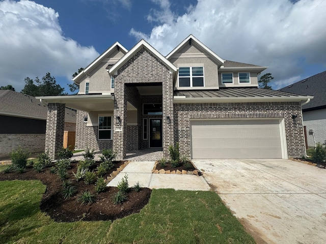 16174 Rustling Woods Rd, Conroe, TX 77302 - craftsman inspired home featuring brick siding, concrete driveway, an attached garage, a standing seam roof, and metal roof