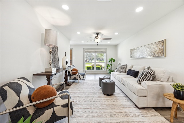 living room with recessed lighting, wood finished floors, and ceiling fan