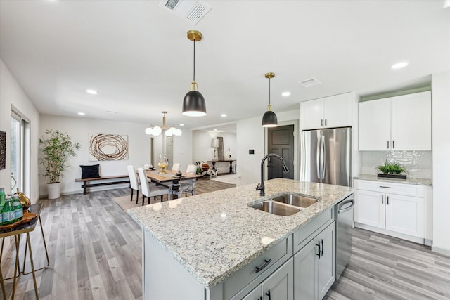 kitchen with visible vents, a sink, backsplash, stainless steel appliances, and light wood finished floors