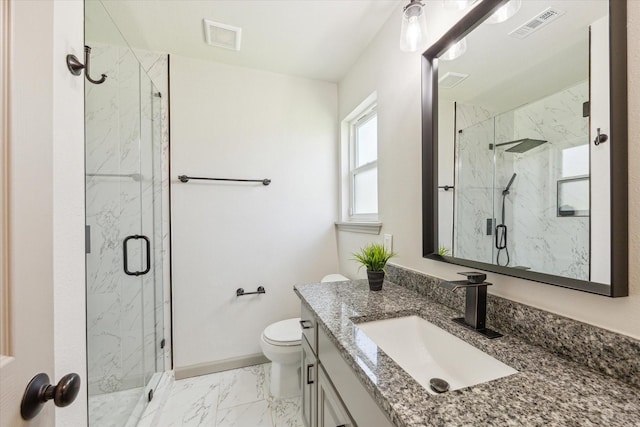 full bathroom with a marble finish shower, toilet, visible vents, and marble finish floor