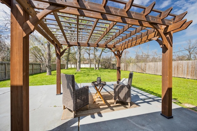 view of patio / terrace featuring a fenced backyard and a pergola