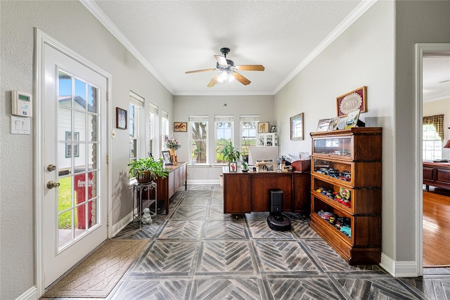 office with ceiling fan, a textured ceiling, baseboards, and ornamental molding