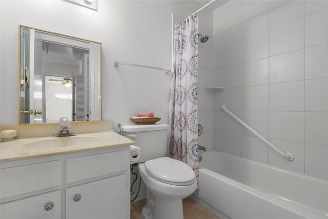 bathroom featuring toilet, vanity, and shower / bath combination with curtain