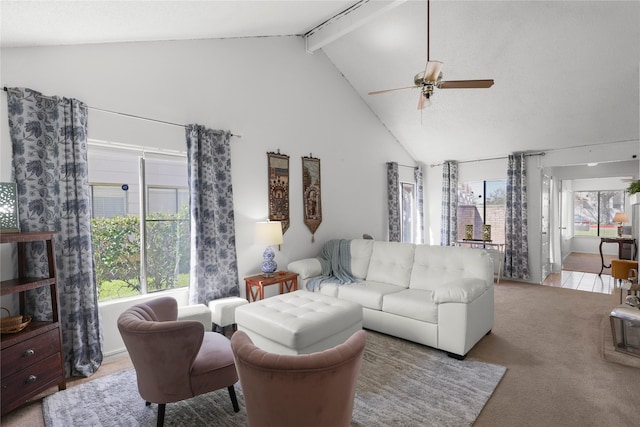 living room with beam ceiling, high vaulted ceiling, a ceiling fan, and light carpet