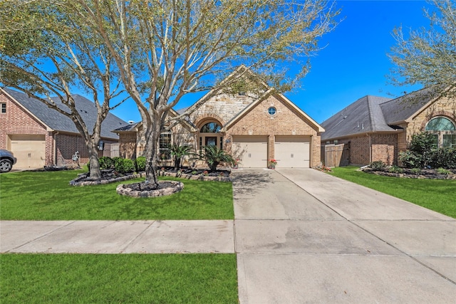 view of front of home featuring a front yard, fence, driveway, a garage, and brick siding