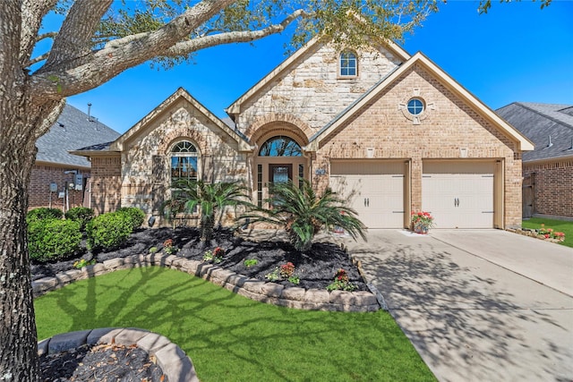 view of front of home with driveway, a front lawn, stone siding, an attached garage, and brick siding