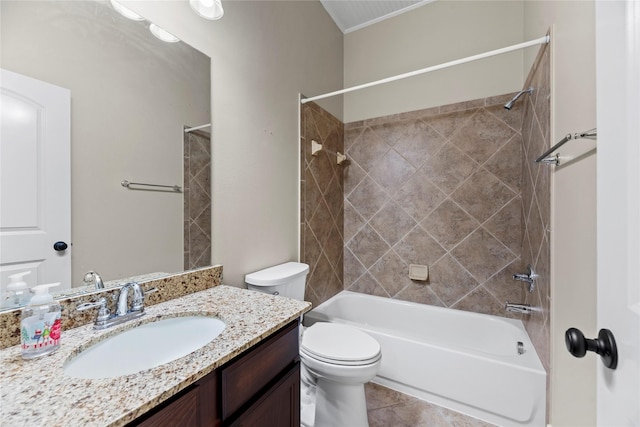 bathroom featuring toilet, shower / washtub combination, vanity, and tile patterned flooring