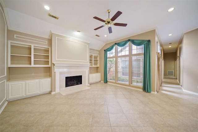 unfurnished living room featuring visible vents, a fireplace, ceiling fan, and ornamental molding