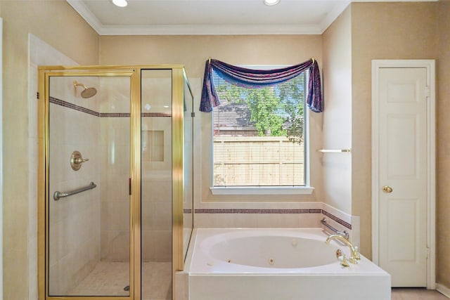 full bathroom featuring a wealth of natural light, ornamental molding, a stall shower, and a whirlpool tub