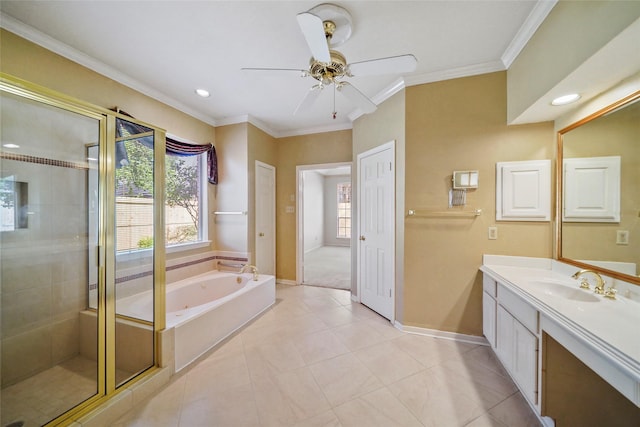 bathroom featuring vanity, a stall shower, a wealth of natural light, and ornamental molding