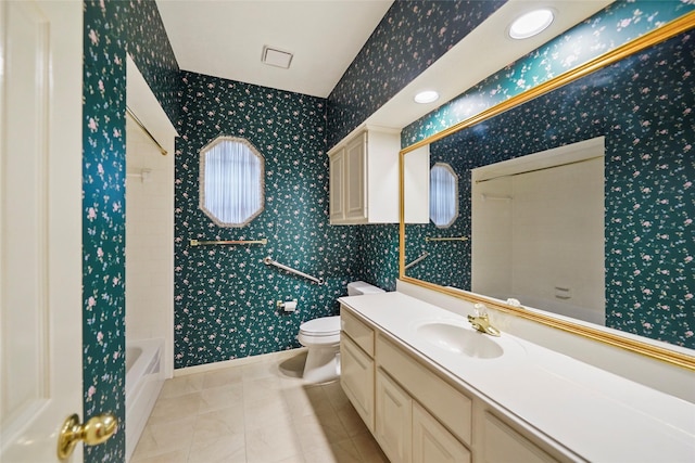 full bathroom with tile patterned flooring, toilet, wallpapered walls, and vanity