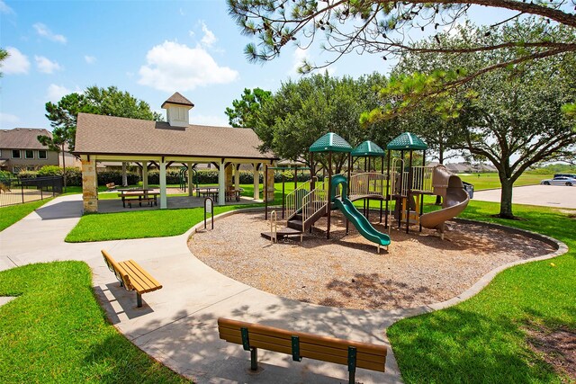 community play area featuring a gazebo and a yard