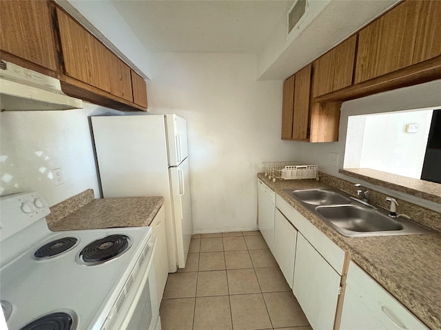 kitchen featuring visible vents, white electric stove, light tile patterned flooring, a sink, and under cabinet range hood