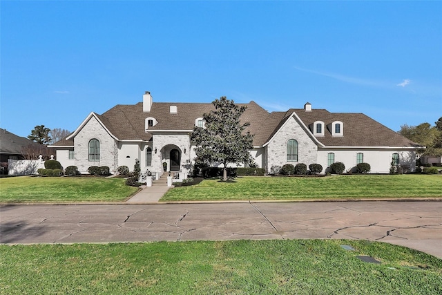 french country inspired facade with a front yard, stone siding, and a chimney