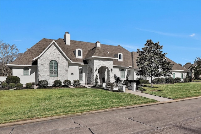 french country inspired facade featuring a front yard, stucco siding, stone siding, and a chimney