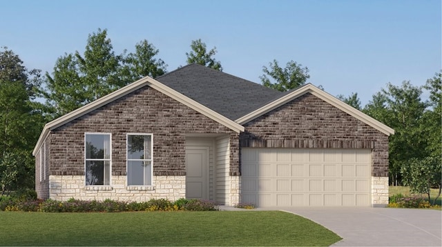 view of front of property with a front lawn, stone siding, concrete driveway, a garage, and brick siding