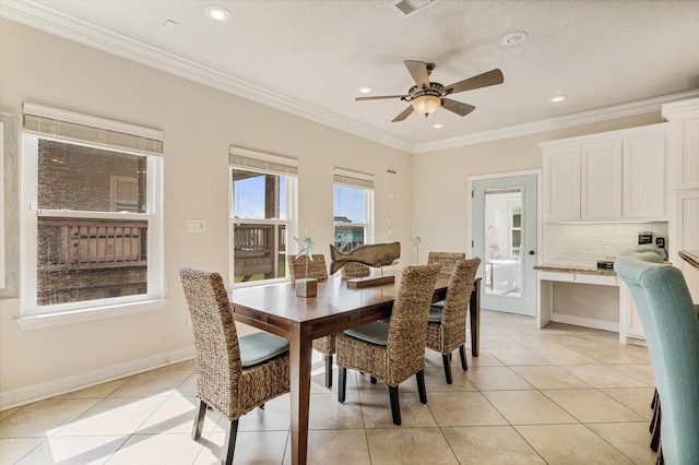 dining space featuring baseboards, ornamental molding, recessed lighting, light tile patterned flooring, and a ceiling fan