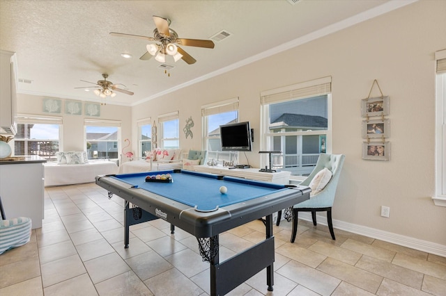 recreation room with visible vents, pool table, baseboards, ceiling fan, and ornamental molding