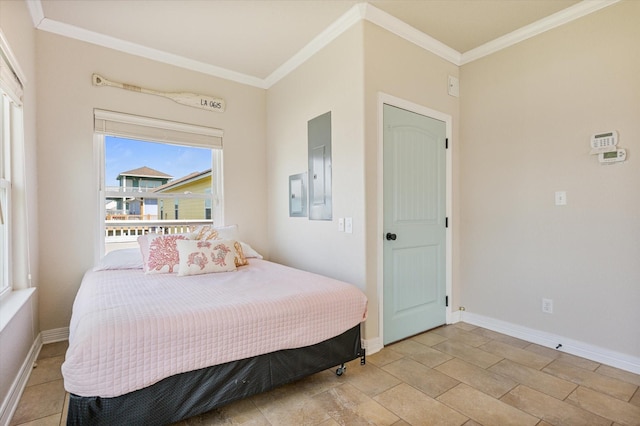 bedroom with electric panel, baseboards, and ornamental molding