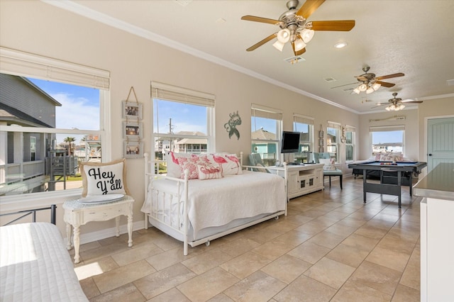 bedroom featuring visible vents, crown molding, and baseboards