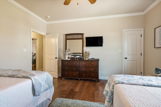 bedroom featuring ceiling fan, crown molding, dark wood-type flooring, and baseboards