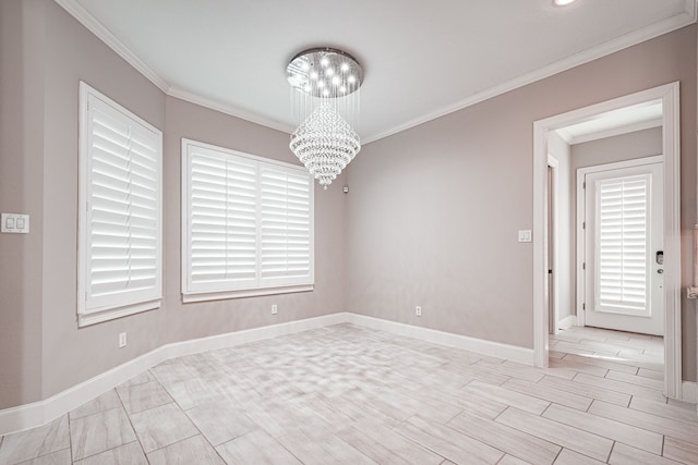 unfurnished room featuring an inviting chandelier, crown molding, baseboards, and wood tiled floor