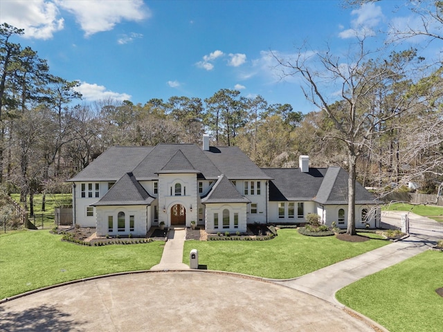 french country home featuring a front lawn, a gate, fence, and a chimney