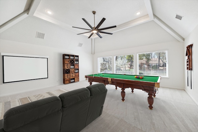 playroom featuring pool table, carpet, and visible vents