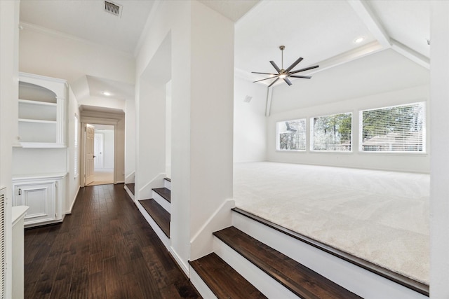 corridor featuring visible vents, dark wood-style floors, stairs, recessed lighting, and vaulted ceiling with beams