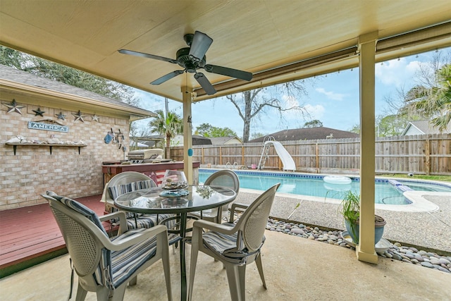 view of patio / terrace with ceiling fan, outdoor dining area, a fenced in pool, and a fenced backyard