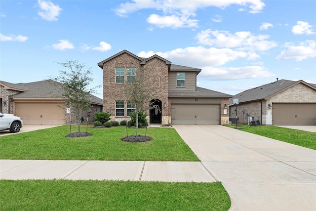 traditional-style house featuring a front lawn, concrete driveway, brick siding, and central AC