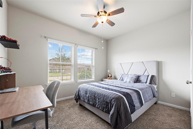 bedroom with carpet flooring, baseboards, and ceiling fan