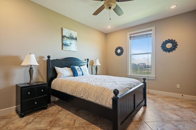 bedroom featuring a ceiling fan, recessed lighting, and baseboards