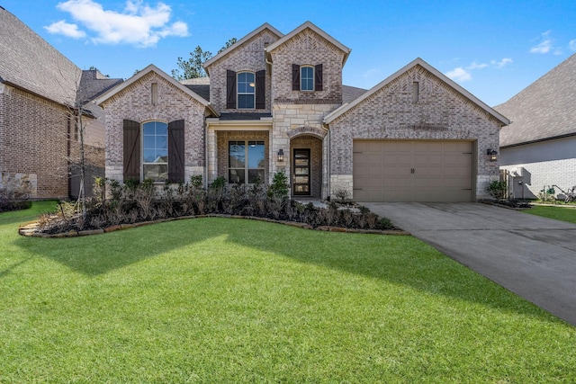 french country inspired facade featuring driveway, an attached garage, a front lawn, stone siding, and brick siding