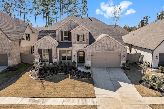 french country style house featuring a gate, fence, driveway, an attached garage, and brick siding