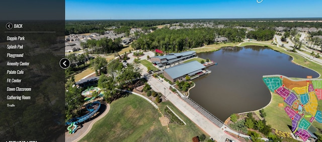 birds eye view of property featuring a water view